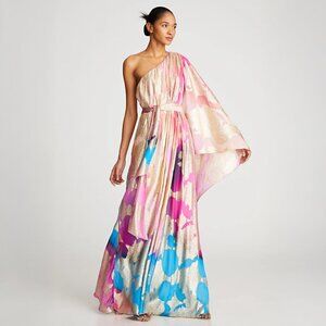 Halston Nisa Gold Ruched Printed Gown in Printed Fil Coupe